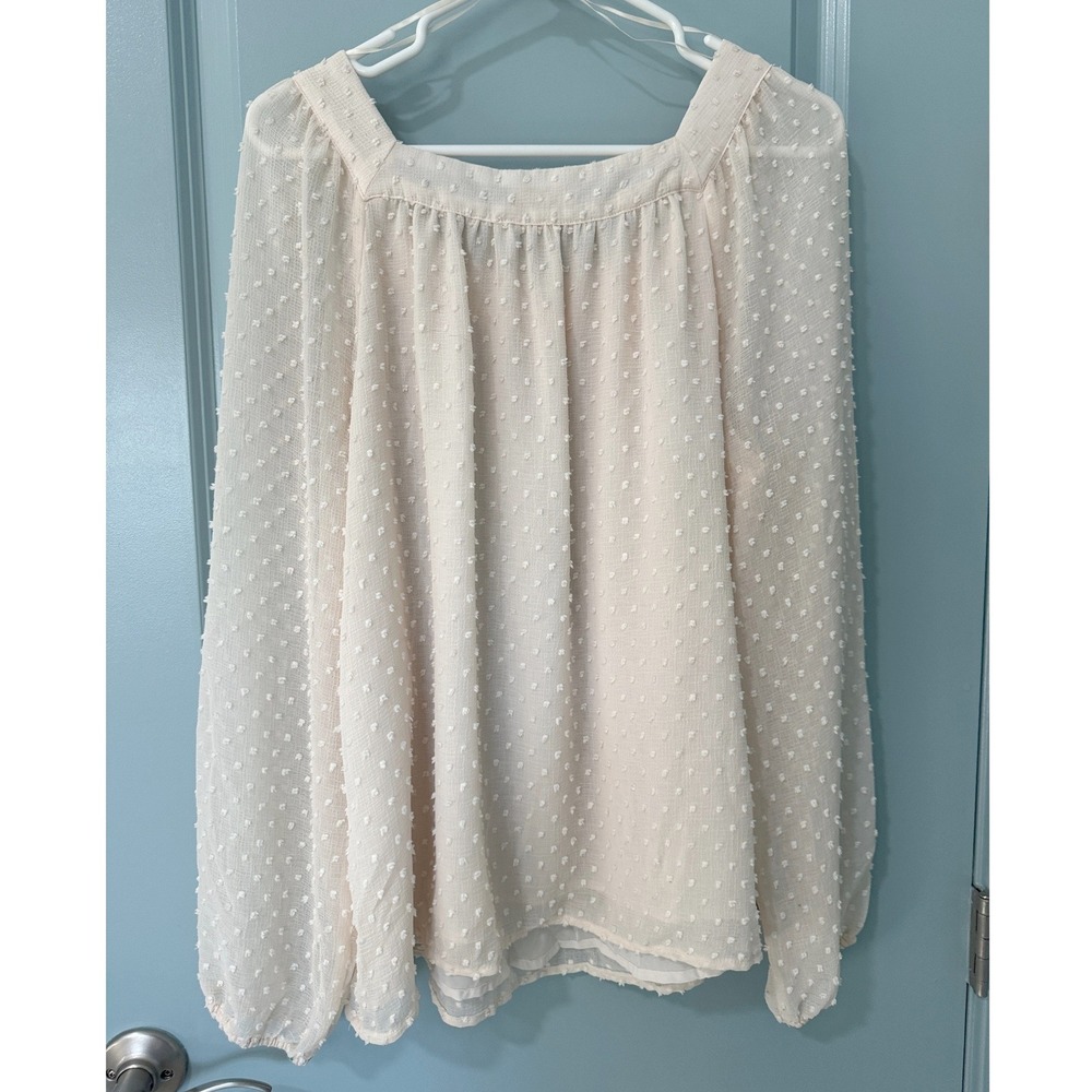 LC Lauren Conrad Swiss Dot Square Neck Blouse Cream Peach XL Long Sleeve - Picture 3 of 7